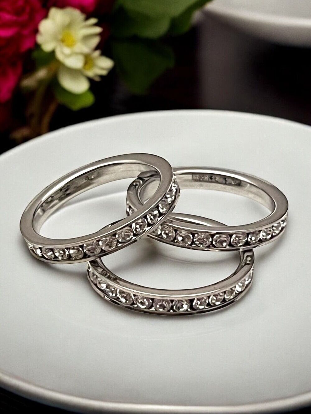 New Boutique Ring Set Size 6.5 Stackable Bands Clear Crystals - 2P
